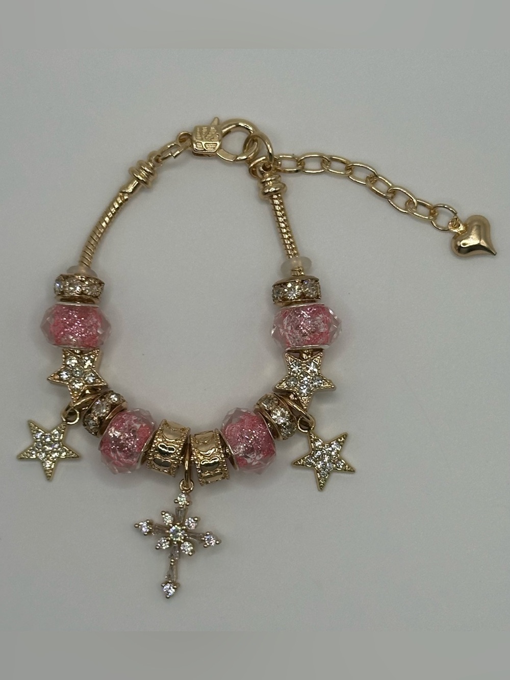 Gold-Tone Pink Bead & Star Charm Bracelet with Cross Pendant